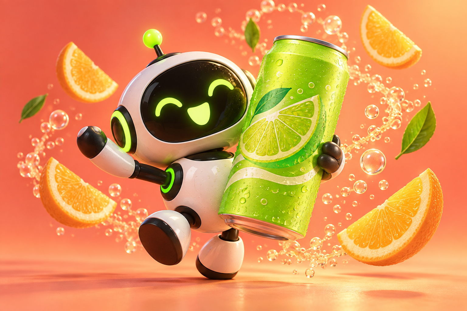 Original 3D animated ad concept showing a cheerful robot presenting a lime citrus drink